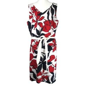 LIZ CLAIBORNE Midi Dress 14 Cream Black Red Tie Zip Leaf Print Linen Cotton R182